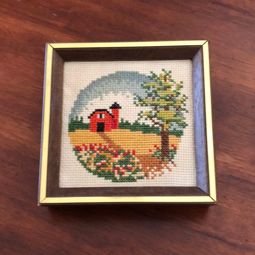 Vintage Cross Stitch Barn Landscape